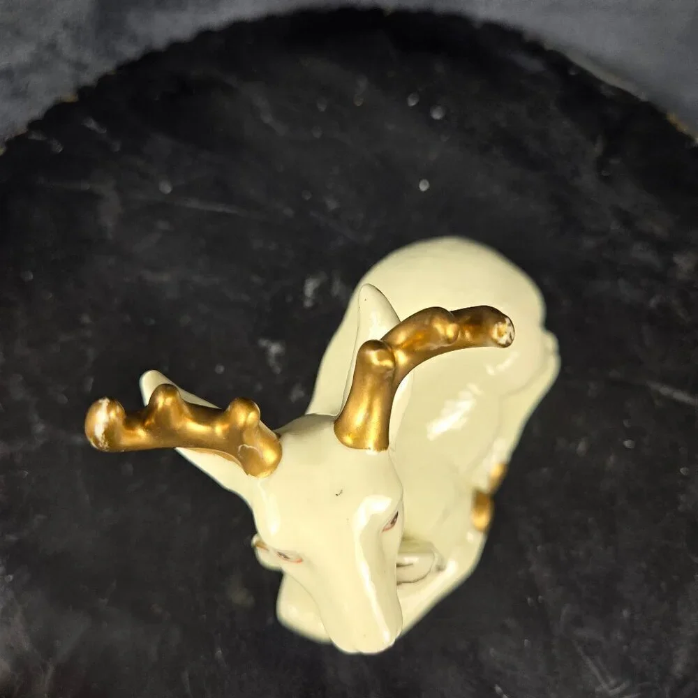 Vintage Ceramic Reindeer Figurine with Bow and Bells Cream Gold Accent Christmas